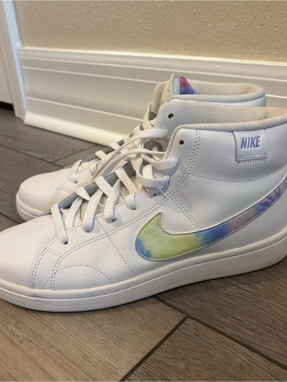 Nike Women's White High-Top Shoes with Pastel Tie-Dye Swoosh
